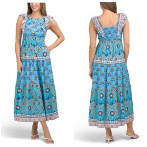 NWT Celina Moon Blue Orange Maxi Dress Sleeveless Stretch Floral Boho Fall Sz Lg